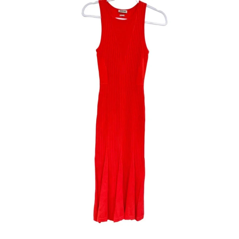 Jason Wu Dress Size XS Rib Knit Fir & Flare Orange Crew Neck Sleeveless Stretch